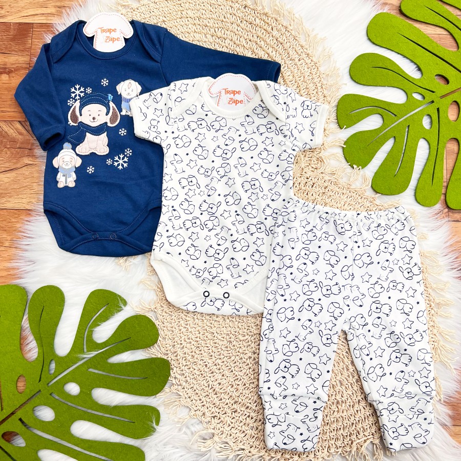 CONJ. DE MALHA 3 PEÇAS - Doguinhos Quentinhos - Marinho e Off White